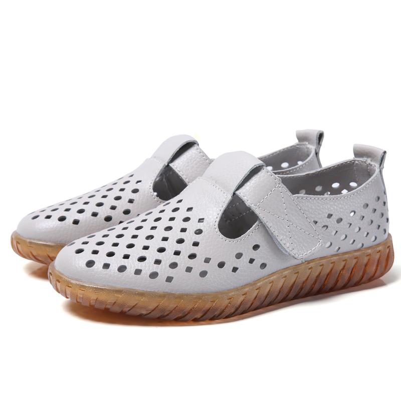 Women's Mother Female Genuine Leather White Shoes Sandals Loafers Moccasins Hook Loop Outdoor Cool Beach Summer Hollow