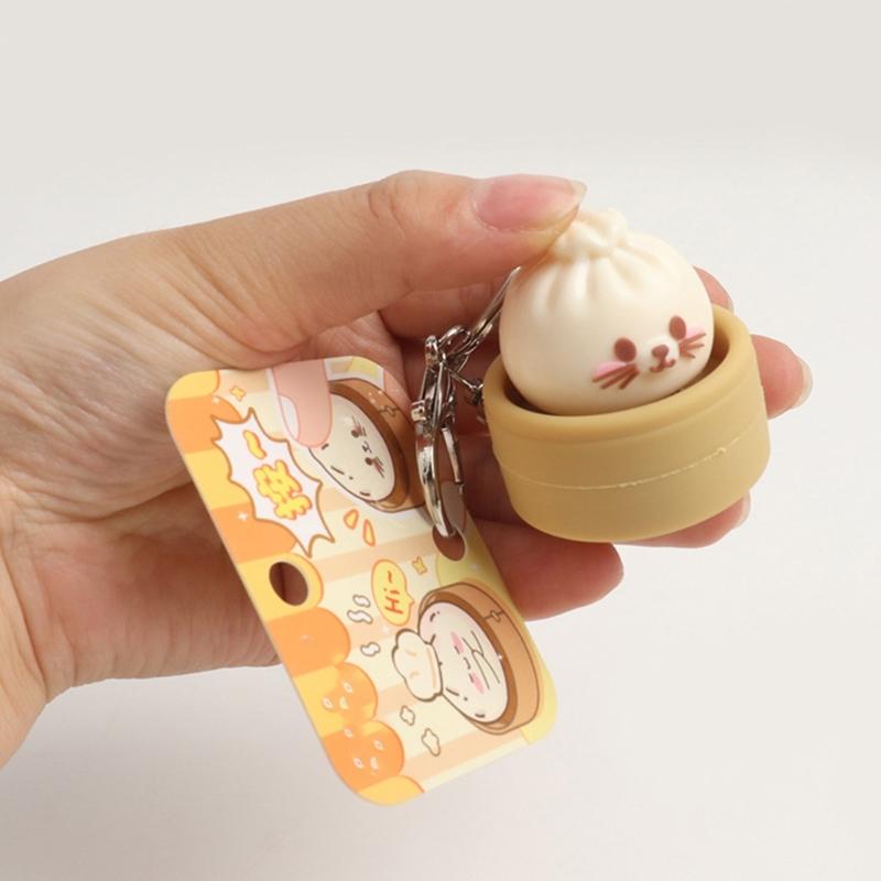 Tiny Steamed Bun Key Keychain Built In Rubber Sensory Squeeze Toy Decorative Key Holder for Backpack Bag Decoration