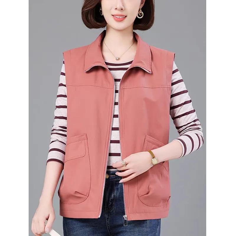 Casual Khaki Short Women's Vest Oversize Liner Sleeveless Jackets 2024 Spring Autumn Zipper Basic Waistcoat Female Outerwear