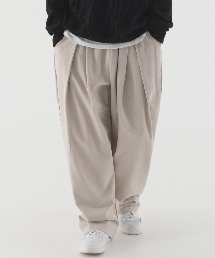 PIANER Pleated Wide Elastic Cotton Pants (Light Beige)