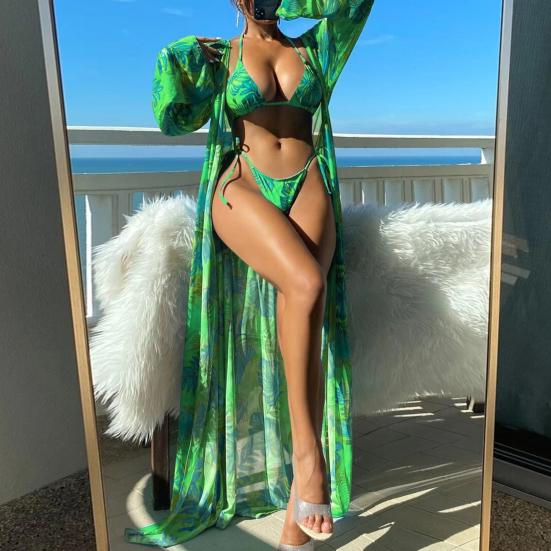 3ks/sada Sexy dámské bikini set s potiskem krycího listu Ohlávka podprsenka šněrovací kalhotky s vysokým pasem opalovací krém s dlouhým rukávem, svetřík, plavky