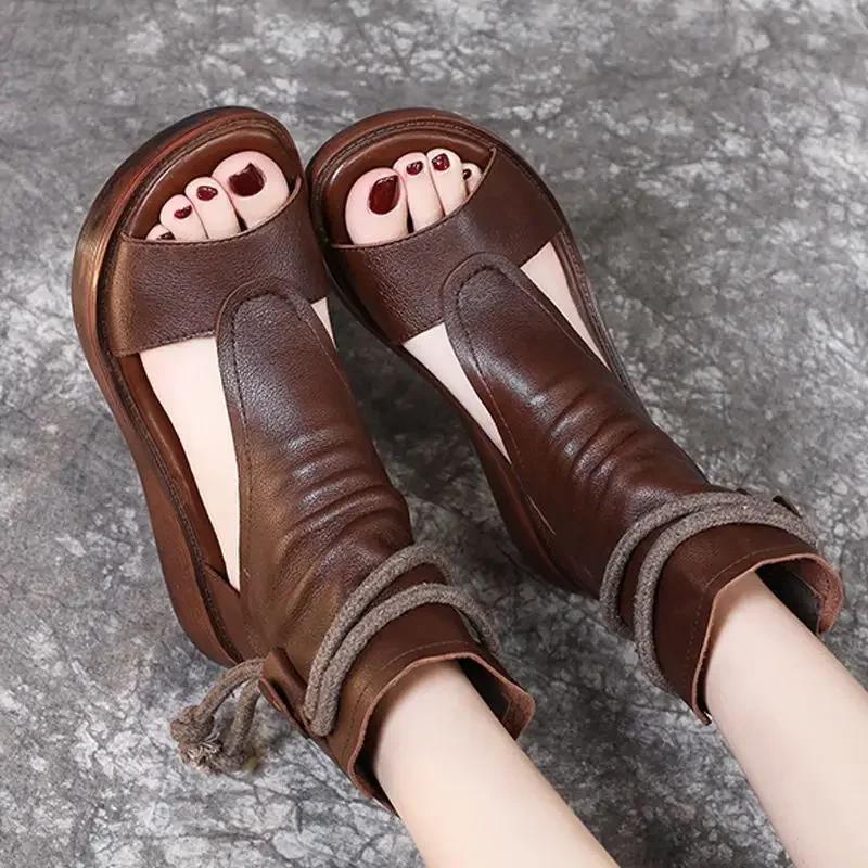 2024 Hot Sales Summer Black Women Leather Sandals Cool Boots Platform Shoes Wedges Sandals Women Shoes Fashion Outdoor Sandals