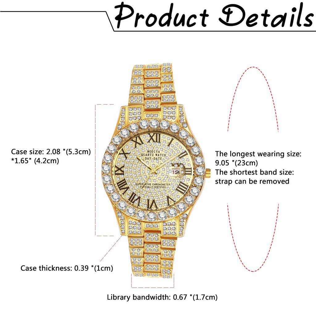 Watch Calendar Diamond Romaji Analog Waterproof Popular Stylish Stainless Steel Strap Gold Casual Business Fashion Watch Accessories Birthday