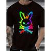 European Sizes Men's Colorful Skeleton Rabbit Pattern T-shirt Round Collar Short Sleeve Black Bright Print Design Casual Wear Machine-washable