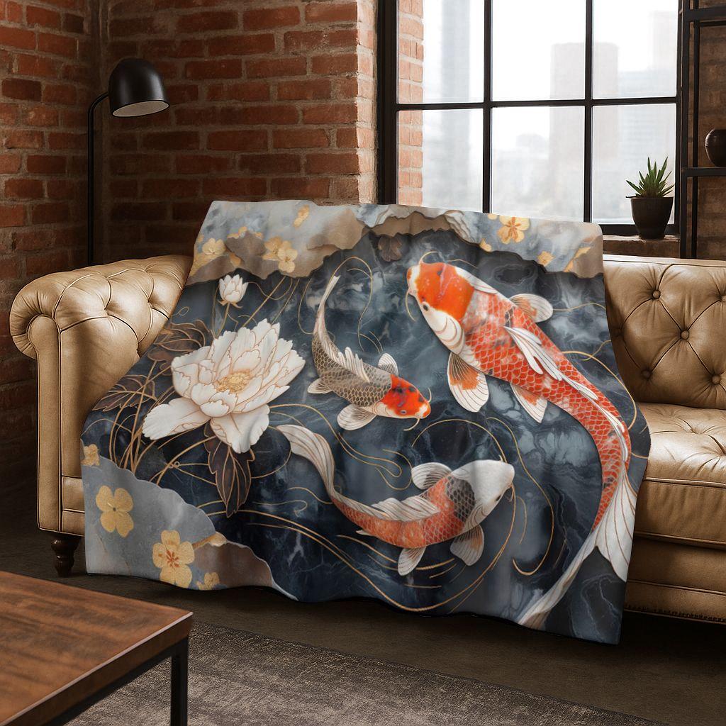 Couverture en Flanelle de Luxe Poisson Koi Porte-Bonheur Yin Yang Carpe Dessin Animé, Couverture Douce et Confortable pour la Maison la Chambre à Coucher le Lit le Canapé Couverture Cadeau Enfant