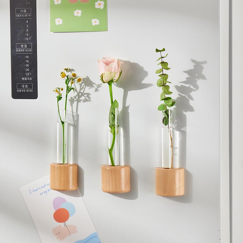 Natural Wood Color Magnetic Wall-Mounted Test Tube Vase Hydroponic Flower Arranger Creative Home Living Room Wall Decoration Sim