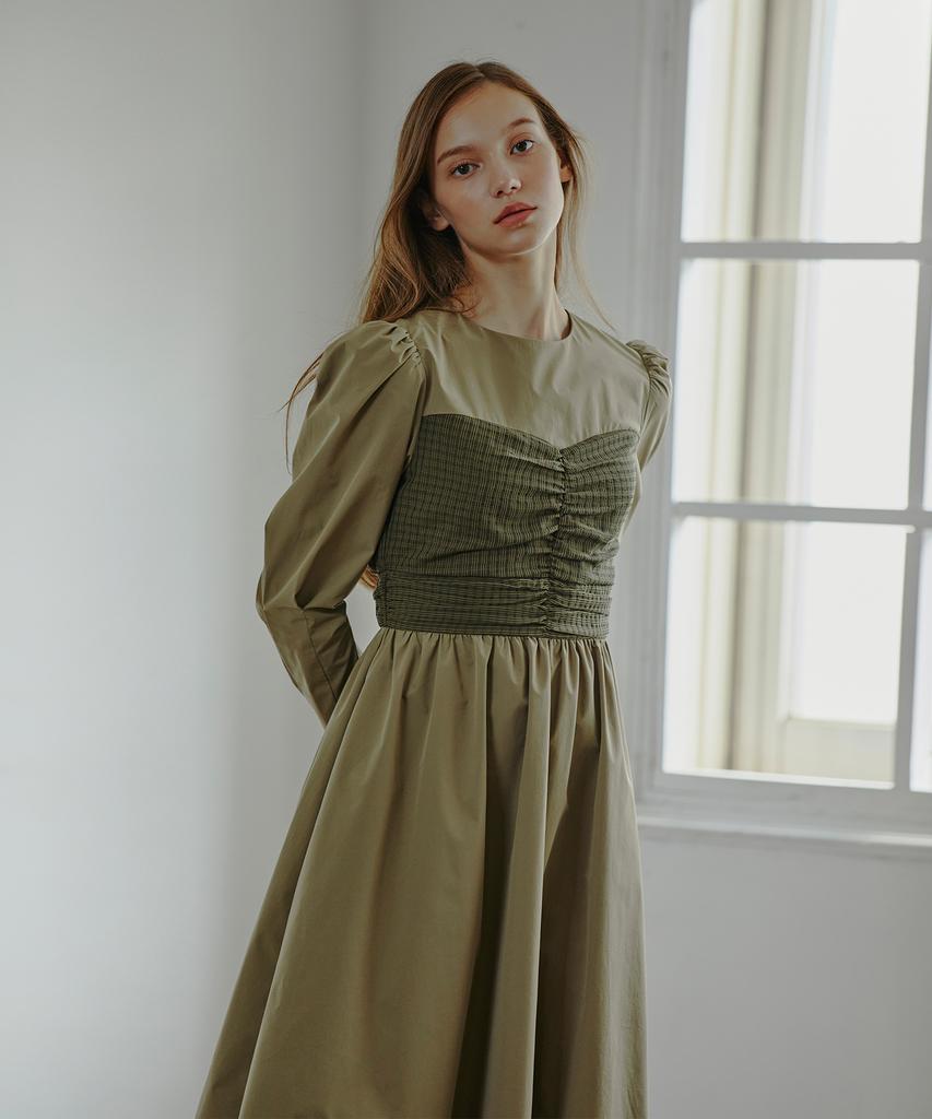 Etmont Shirring Top Mix Dress Khaki Brown