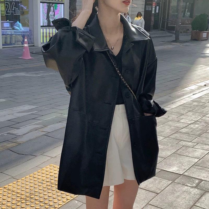 Women's Korean Style Single-Breasted PU Leather Jacket - Handsome Lapel, Loose Fit, Versatile Faux Leather Outerwear for Spring/Autumn.