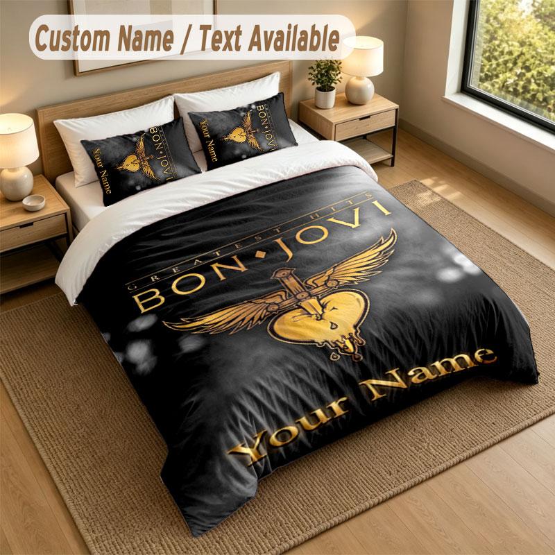 Bedding Set 1 Duvet Cover 2 Pillowcases Bon Jovi Print Soft Bed Linen Bedroom Decor