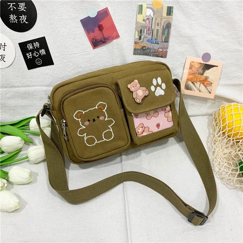 Borsa Piccola in Tela alla Moda Giapponese Ins da Donna a Spalla Carina Divertente Personalità Ricamo Orso Ragazza Adolescente Studentessa Borsa a Tracolla Trasparente