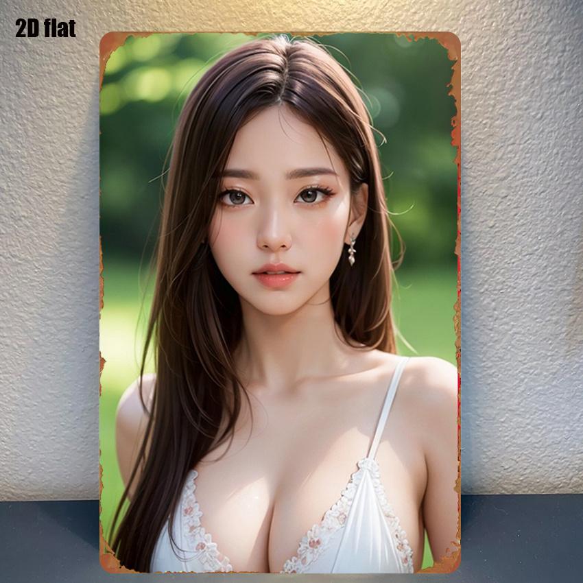 Korean Woman In White Lace Cami Vintage Metal Tin Sign