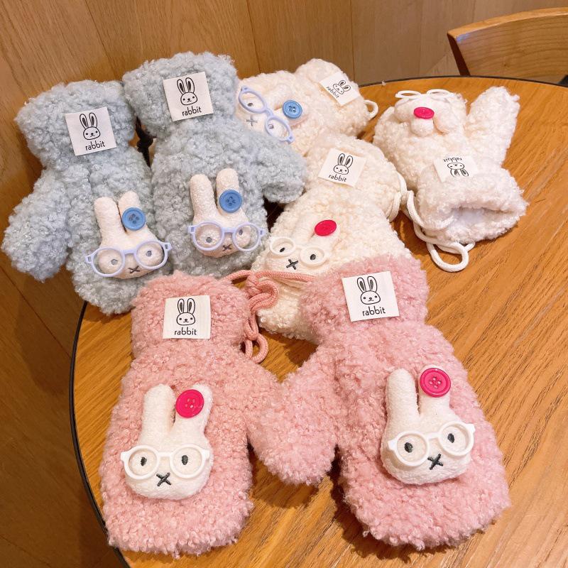 Charming Cartoon Rabbit Plush Gloves - Warm Velvet Lined Winter Mittens for Women and Students
