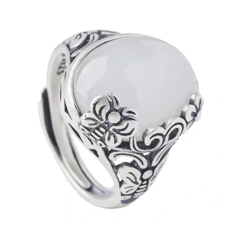 Retro Silver Butterfly & Flower Ring for Women - Hetian Jade Inspired Luxury Open Index Finger Design
