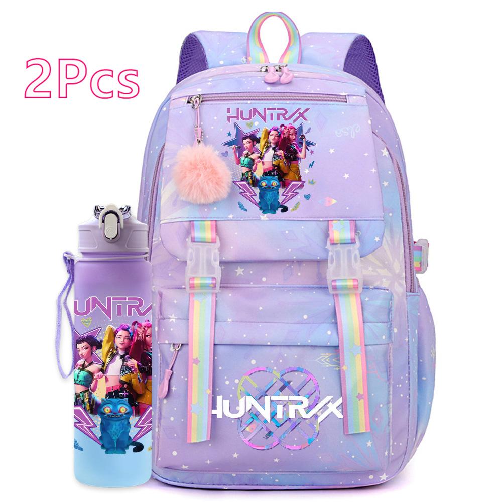 2Pçs/conjunto Mochila Fofa Anime Kpop Estampada Garrafa de Água 750ml Grande Capacidade Bolsa de Viagem para Adolescente Menina Menino Mochila Infantil Presente