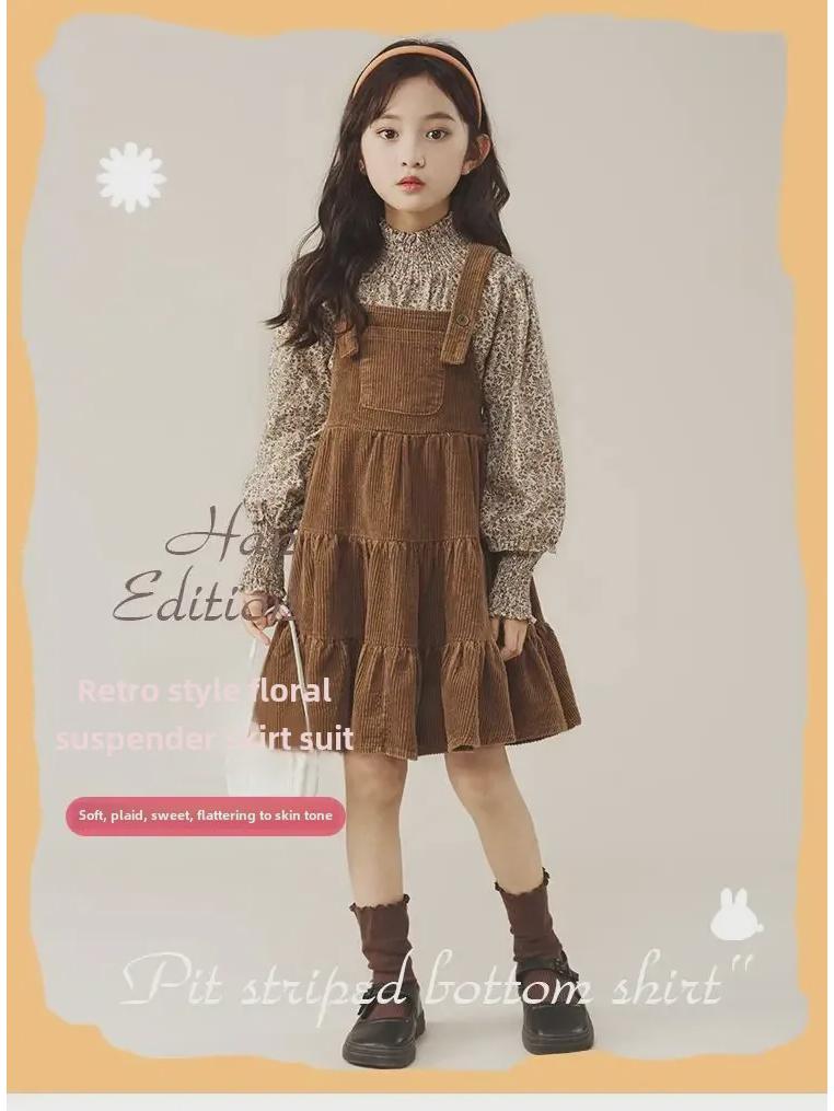 2024 Retro Floral Suspender Dress Set for Girls - Spring & Autumn Two-Piece Outfit