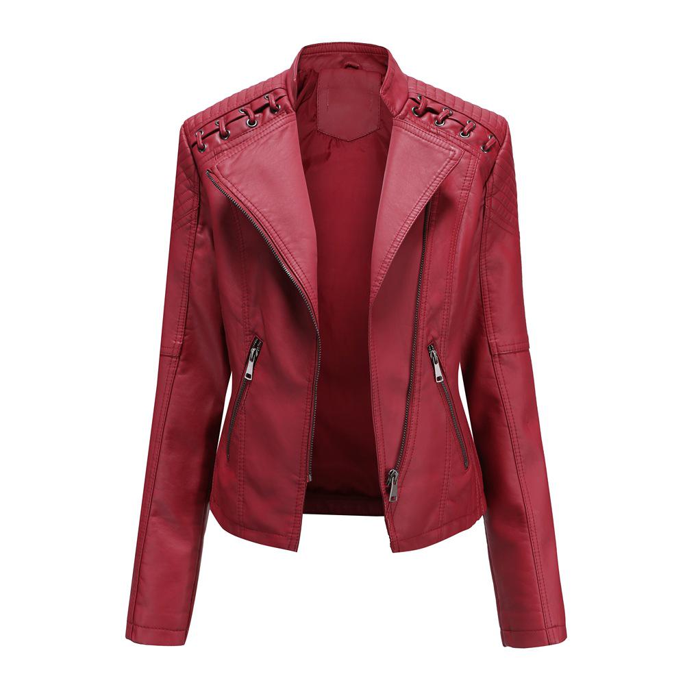 Women Fashion Lace-up Leather Jacket Slim Fit Spring Autumn Motorcycle Jacket Zipper Jacket