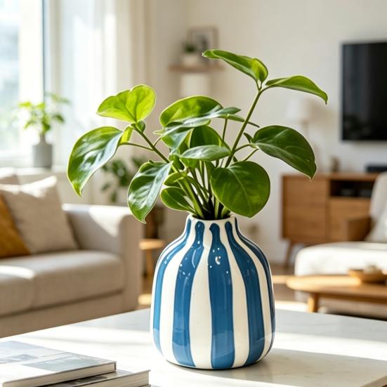 Ceramic Striped Vase Hand-Painted Modern Nordic Boho Vase Small Decorative Flower Container for Side Table Kitchen Indoor Room Centerpiece