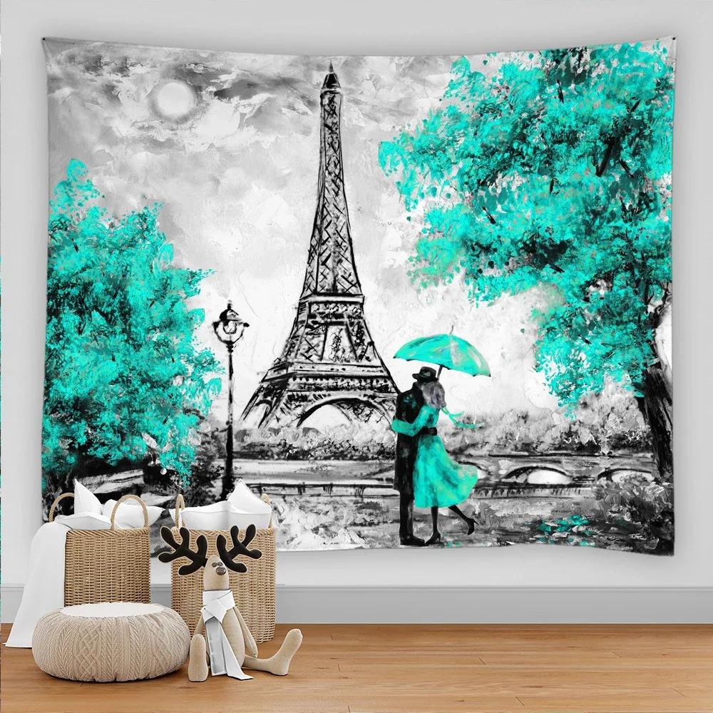Paris Tapestry Backdrop Wall Art Eiffel Tower Photo Banner Background European City Landscape Pink Hanging Decor