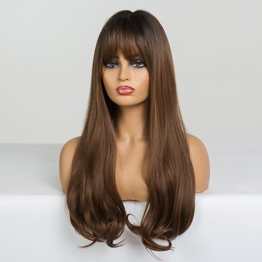 ALAN EATON Long Wavy Synthetic Wigs with Bangs for Black Women African American Ombre Black Brown Cosplay Heat Resistant Hair