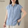 ZANZEA Women Casual Turn Down Collar Loose Short Sleeve Plaid Blouse