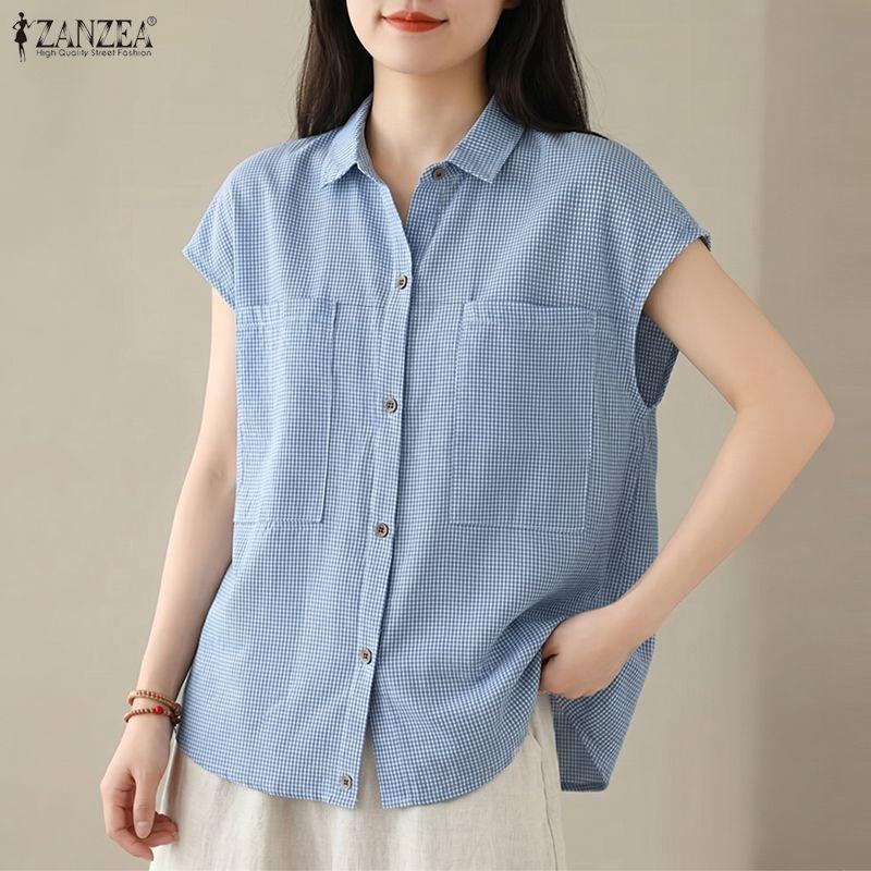 ZANZEA Women Casual Turn Down Collar Loose Short Sleeve Plaid Blouse