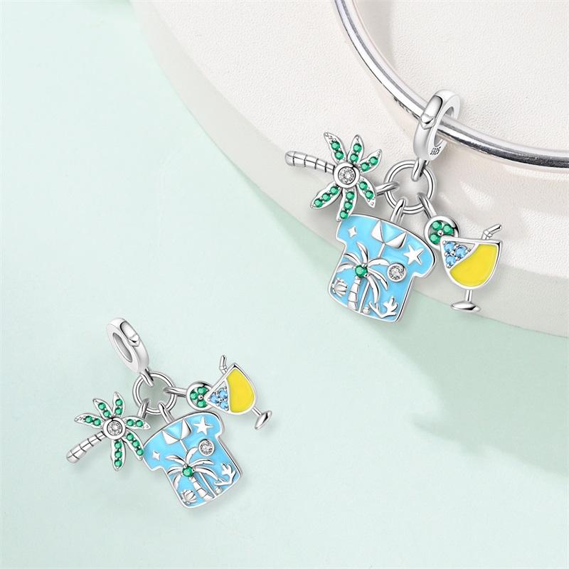 Happy Summer 925 Silver Seaside Vacation Island Coconut Tree Sunglasses Juice Charms Beads Fit Qikaola Bracelets DIY Jewelry