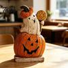 Halloween Ghost Wooden Ornaments Pumpkin Figurine, Vintage Tabletop Decor, Jack O Lantern Cute Figurines for Home Statue with Stable Base, Rustic