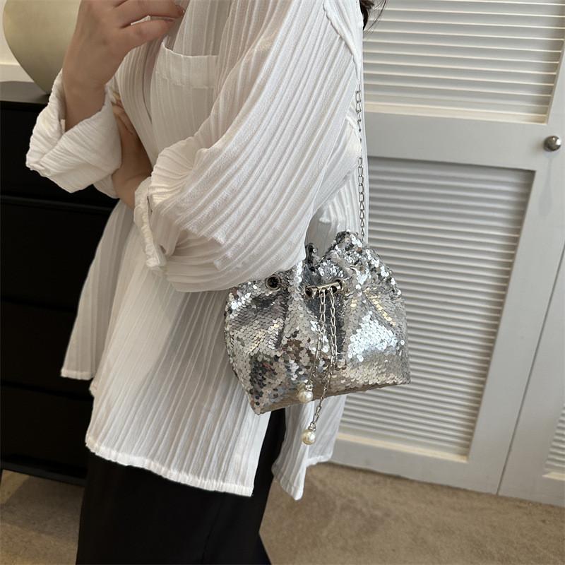 Black And Silver Sequin Bucket Bag For Women Chic Single Shoulder Bag Casual Street Style Chain Bag