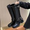 Fashion 2024 New Winter Denim Boots Women's Retro Brown Belt Buckle Round Head High Boots Boots Knee Length Boots