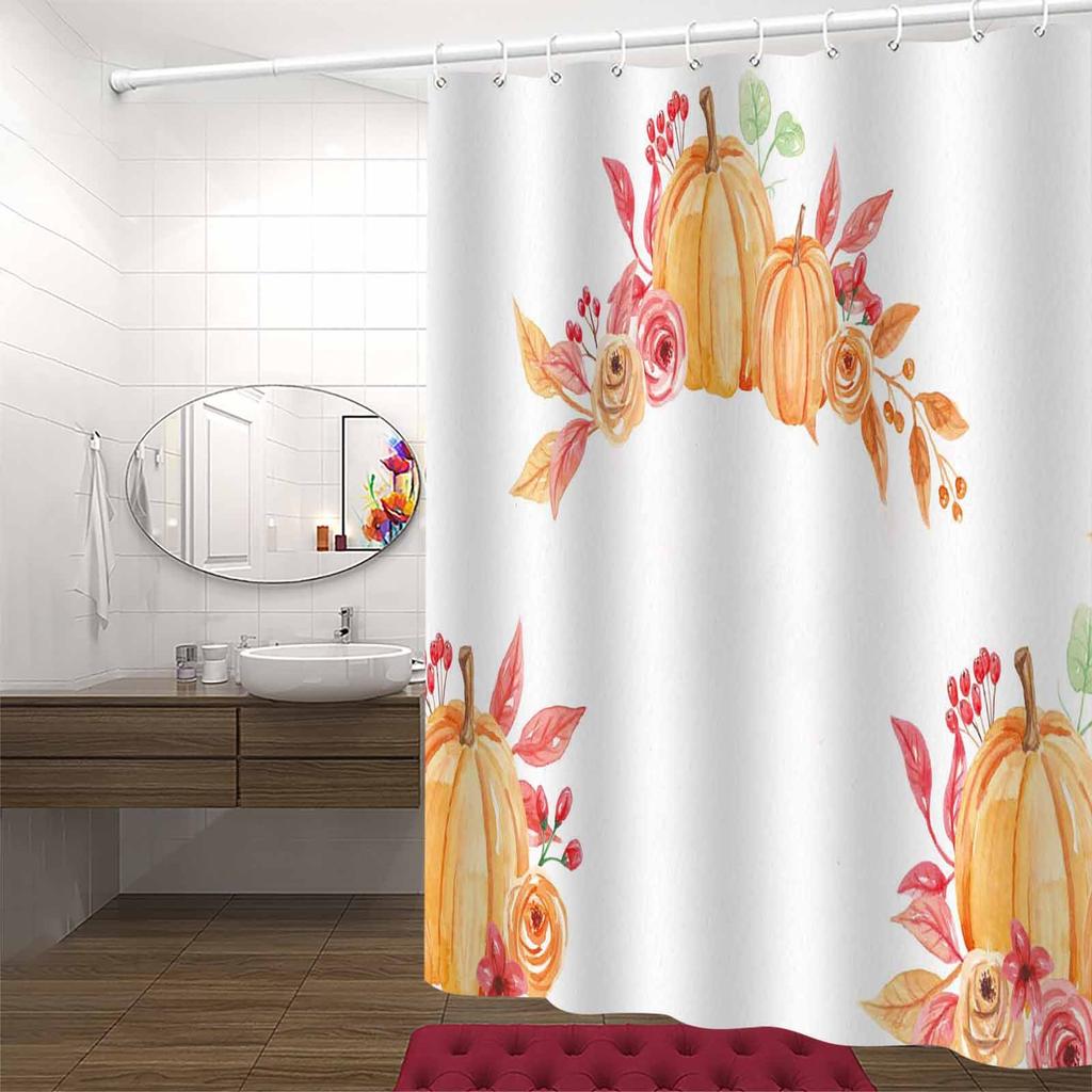 Autumn Minimalist Pumpkin Shower Curtain, Anti-Fog,  Vibrant Fall Floral Design,Cozy Seasonal Bathroom Ambiance