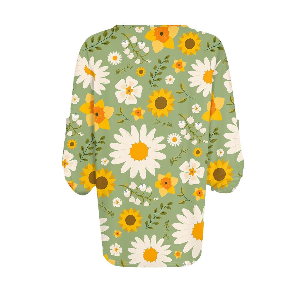 Shirts For Women Trendy V Neck Button T Shirts Casual Printed Summer Tees T Shirt Blouse Three Quarter Sleeve Tops For Women