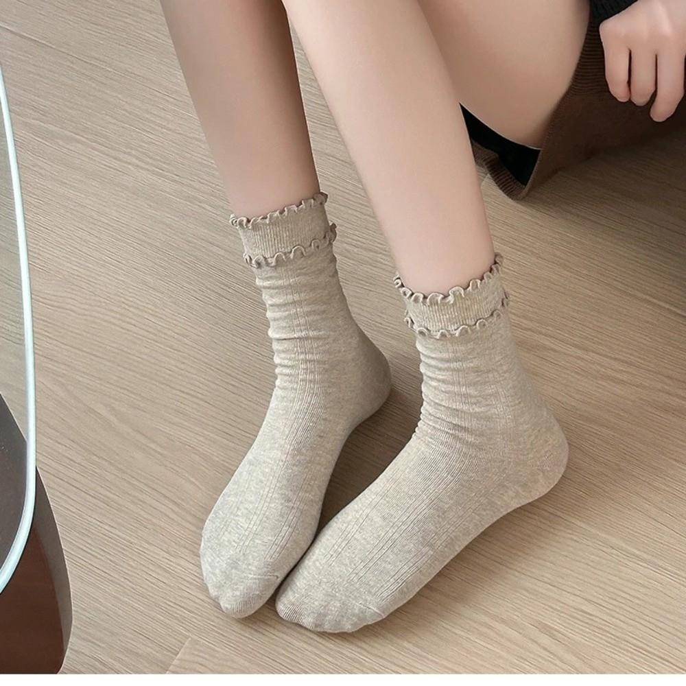 1 Pair Solid Color Ruffle Socks Vertical Stripes Korean Style Socks Comfy Frilly Socks Daily Wear