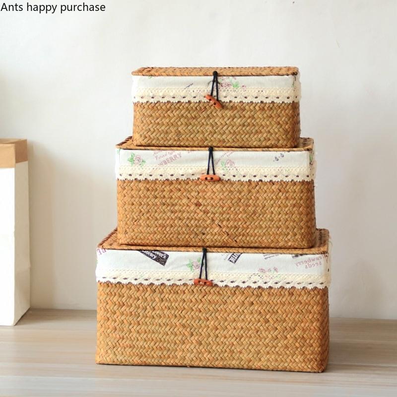 Seaweed Woven Box Grass Basket with Lid Household Storage Basket Snack Storage Rattan Fabric Rectangle Bedroom Sort Out Boxes