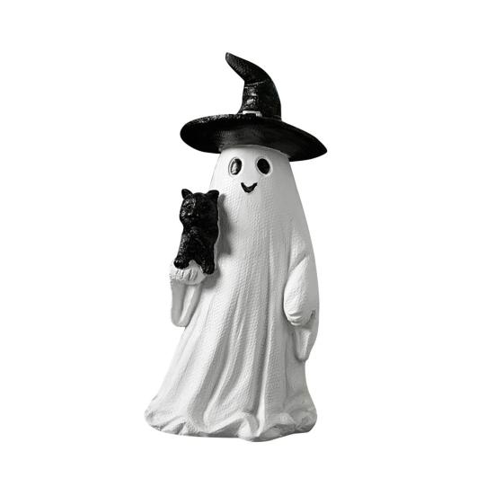 Halloween Geist Figur Weißer Geist mit Kürbis Katze Gruselig Harz Ornament Gravierte Halloween Dekoration