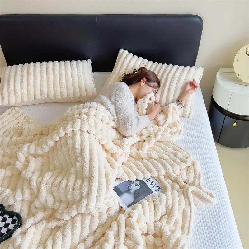 New Imitation Rabbit Plush Warm Blanket Set Or Only Blankets For Autumn Winter Soft Fluffy Warmth Lounger Sofa Throw Blankets
