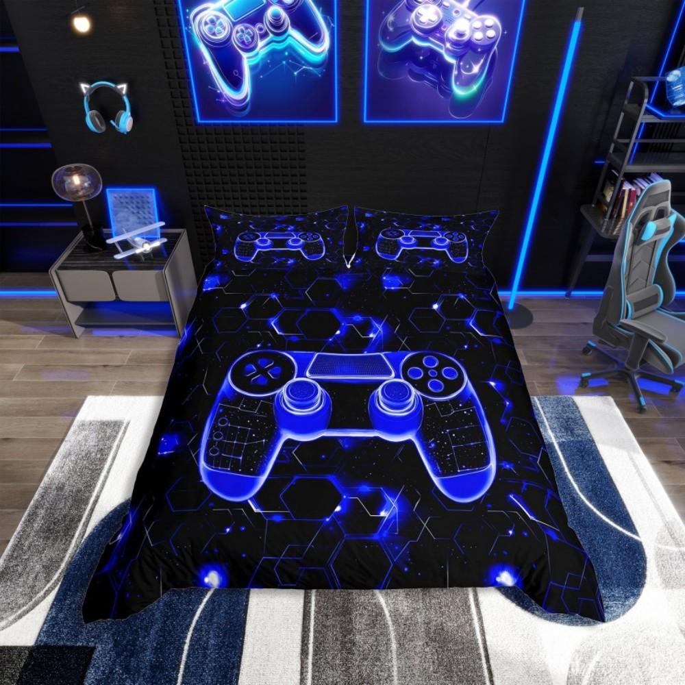 Homewish Neon Lime Gamepad Duvet Cover Set for Boys,Honeycomb Abstract Bedding Set,Mystic Glitter Galaxy Reversible Bed Set
