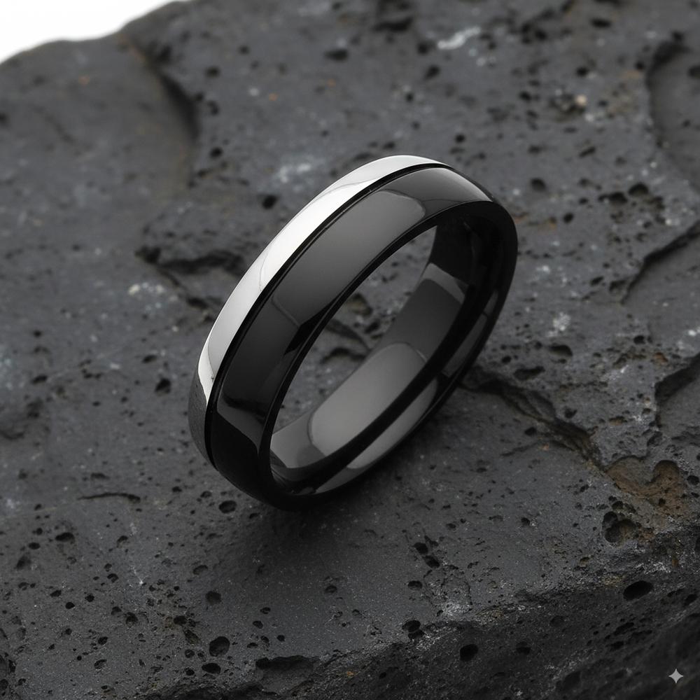 Waterproof Black Double Layer Stainless Steel Wedding Band Ring for Women Unique 6mm Engagement Promise Jewelry