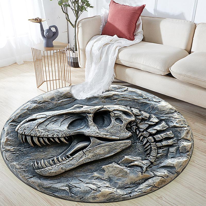Runder Teppich mit Dinosaurierschädel, Teppich für Wohnzimmer, Schlafzimmer, Sofa, Spielzimmer-Dekoration, Rutschfeste Bodenmatte