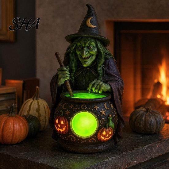 Gothic Accent Lighting Halloween Witch Lantern, Resin Tabletop Decor with Warm Glow, Spooky Centerpiece Table for Shelf Desk Party, Haunted