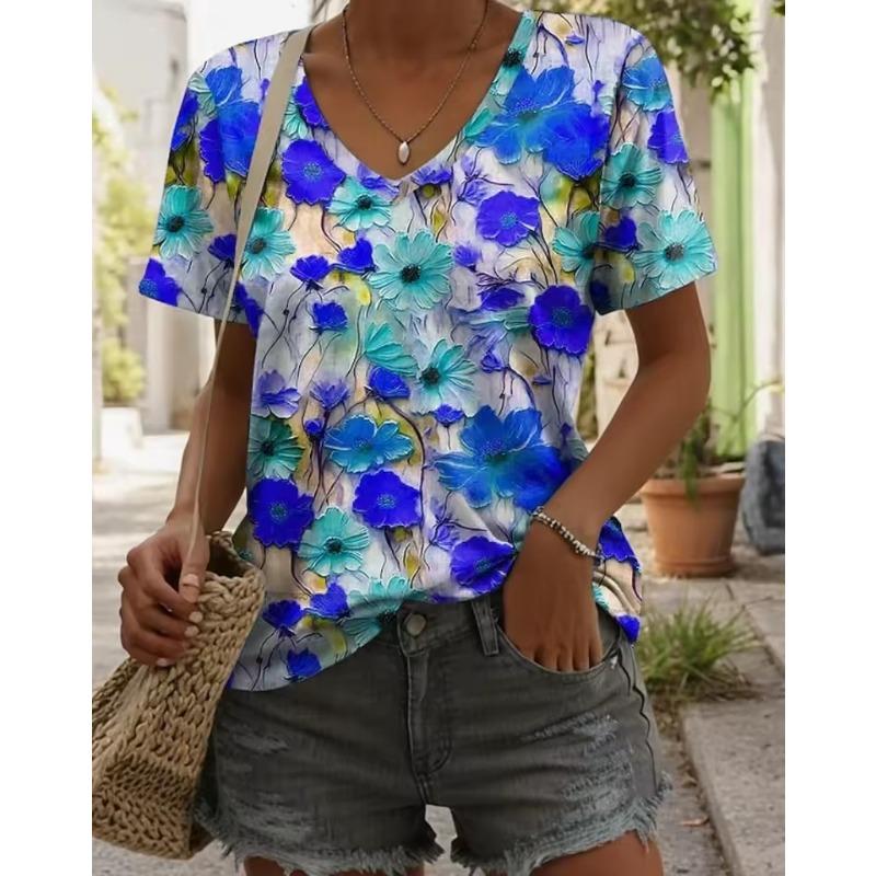 T-shirt da Donna alla Moda con Scollo a V Estiva Casual da Esterno Manica Corta Top Stile Floreale Stampato OverSize Larga Abbigliamento da Donna
