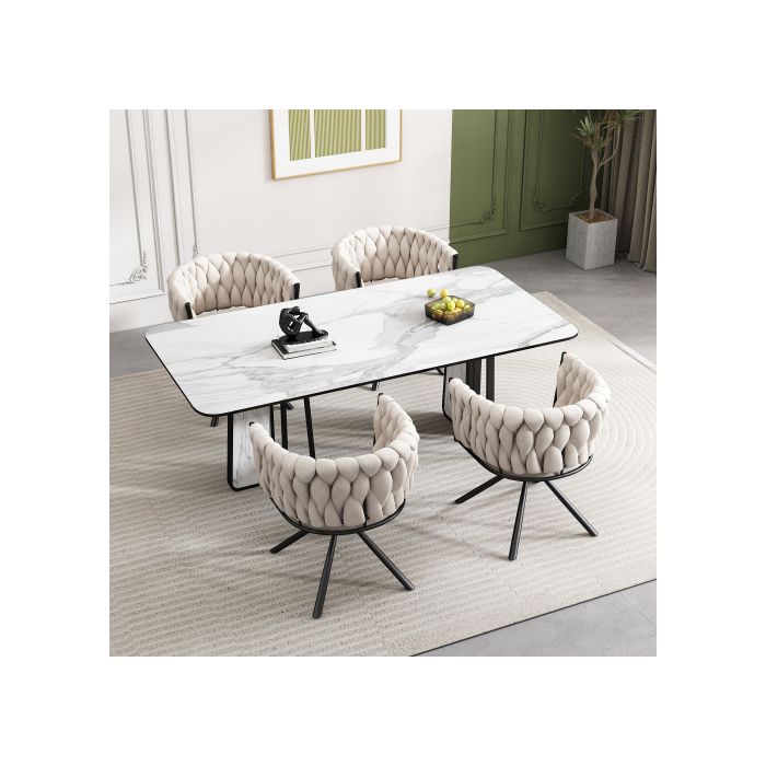 Set of 6 Beige Velvet Swivel Dining Chairs - Contemporary Design