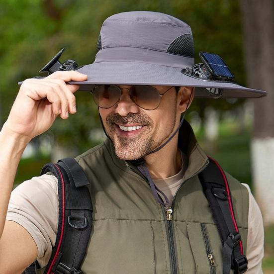 Outdoor Bucket Hat Wide Brim Fishing Hat with Dual Fans Solar USB Rechargeable