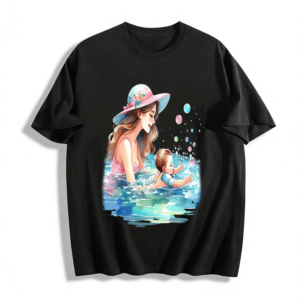 Warm Parent Child Swimming Time Printed Adult T-Shirt Pure cotton T-shirt