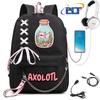 Niedlicher Axolotl bedruckter Schüler-Schulranzen für Mädchen schwarzer Rucksack USB Kinder Freizeittasche Geschenk zum Schulanfang