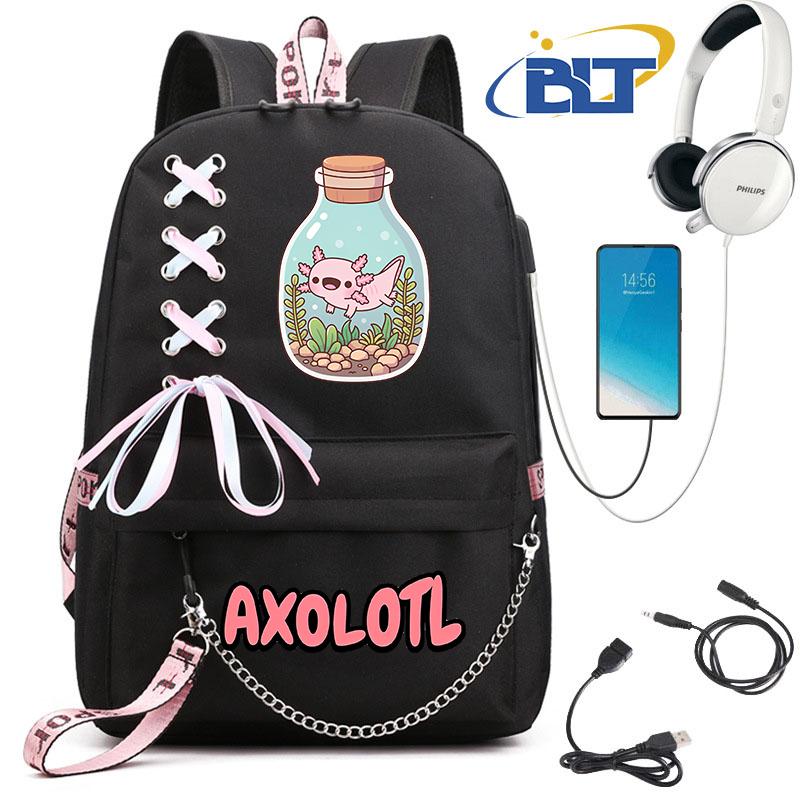 Niedlicher Axolotl bedruckter Schüler-Schulranzen für Mädchen schwarzer Rucksack USB Kinder Freizeittasche Geschenk zum Schulanfang