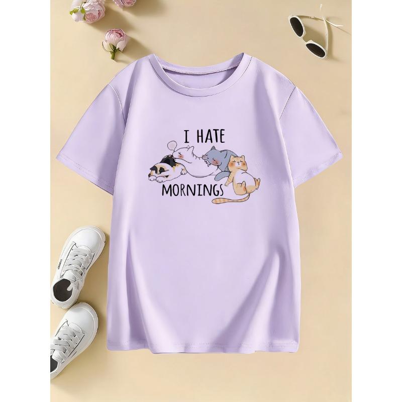 Summer Spring Kids I Hate Morning Cat Printed T Shirts Kids Children's T-shirt Boys Girls Casual Top Tee