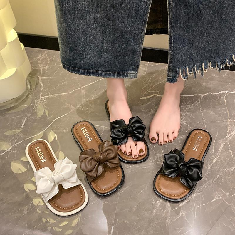 Fashion Soft Flower Thick Bottom Open Toe Cool Slippers Female Summer Korean Bow Flat Sandals Anti-slip Sandalias De Mujer Verano 2024