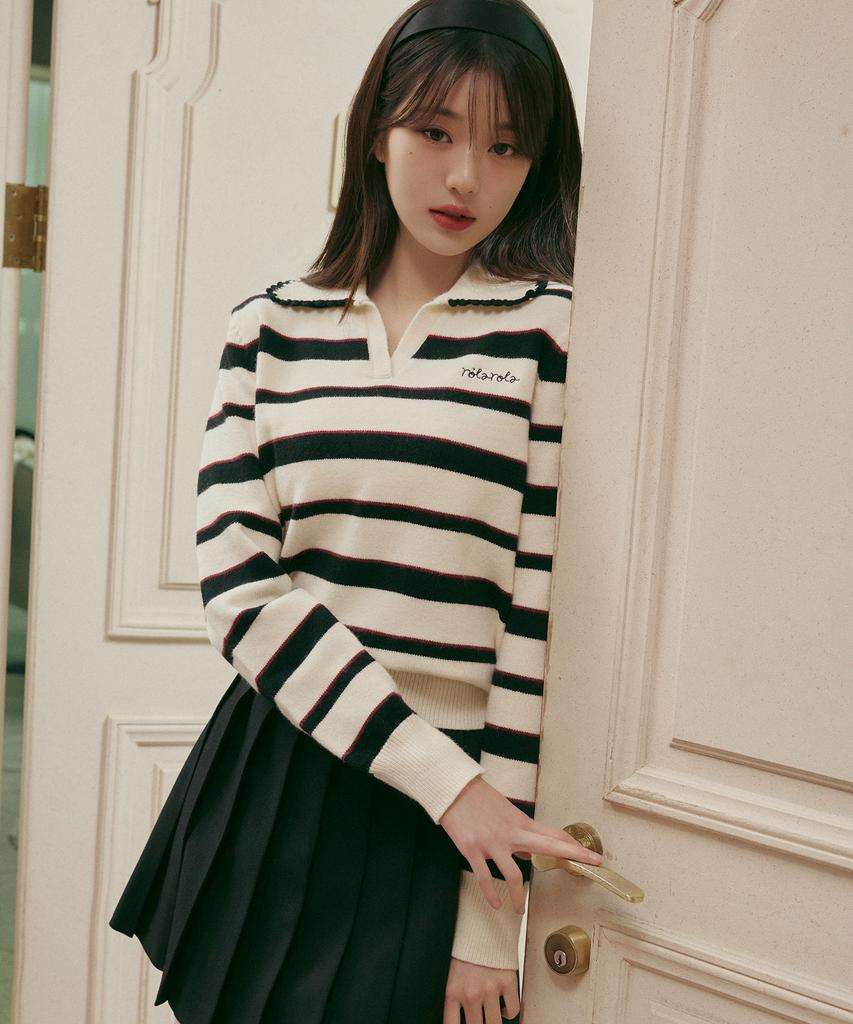 ROLAROLA V Neck Collar Stripe Knit Pullover Ivory