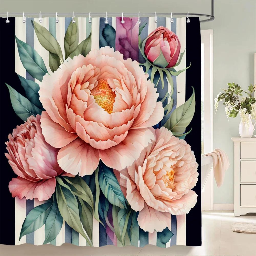 Beautiful Flowers Shower Curtain,Watercolor Leaves On The Top Plant With Floral Bathroom Decor Shower Curtain Set With Hooks