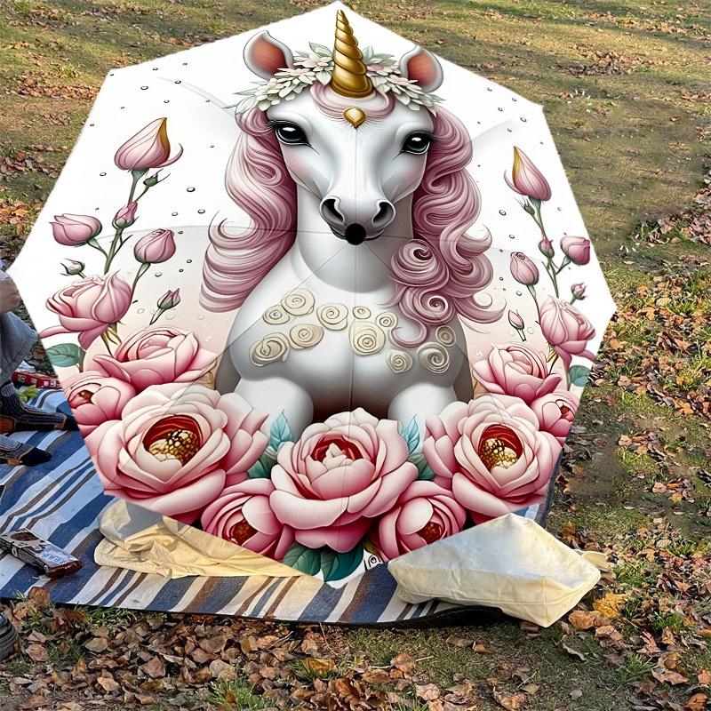 1PC Unicorn flowersAutomatic Open/Close Umbrella with Windproof, 8-Rib Sturdy Canopy, Durable Ribs, Fashionable Design1285A